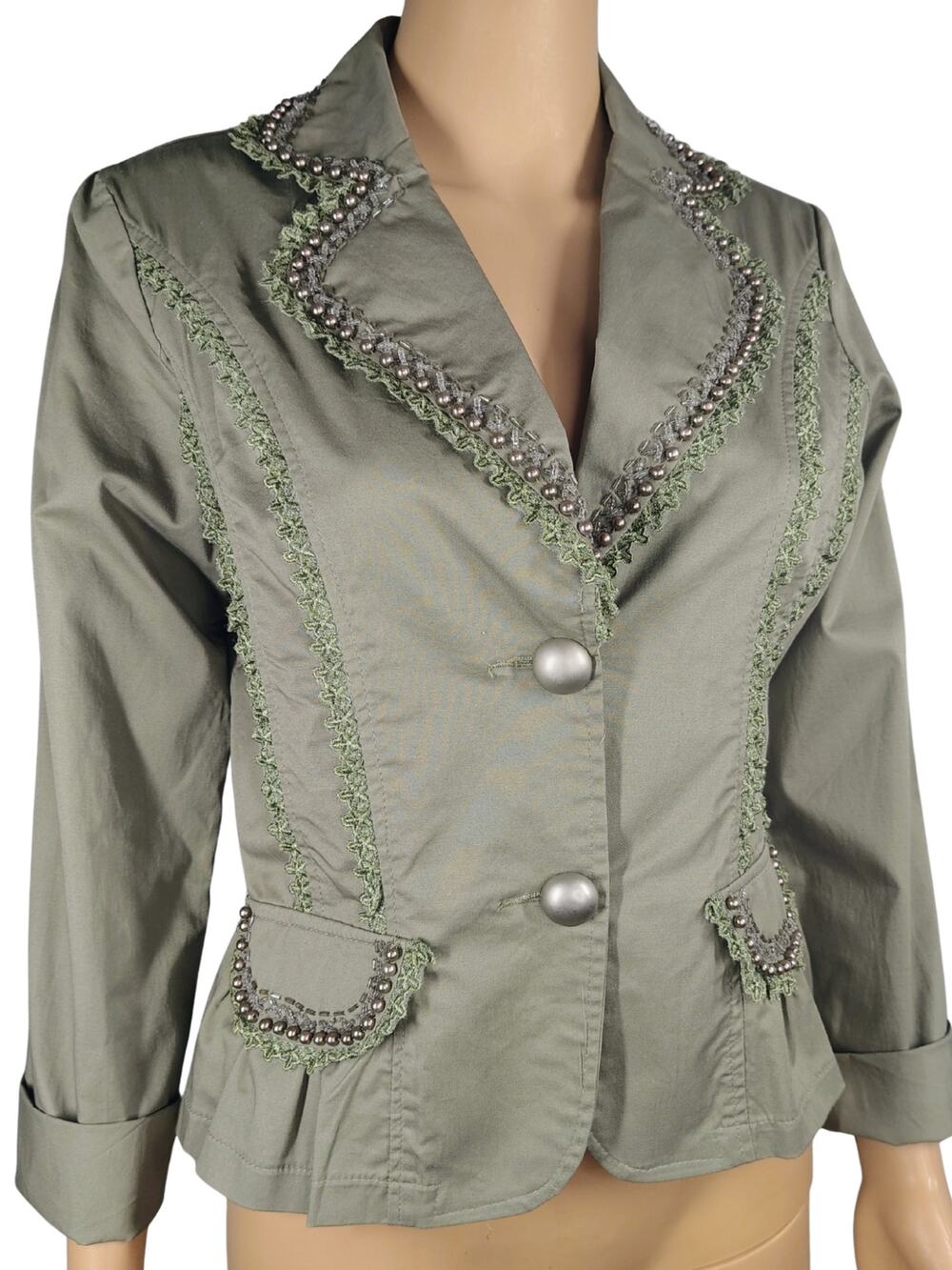 100% Cotton Olive Green Lace Pearl Light Weight Fitted Button Up Blazer Size M